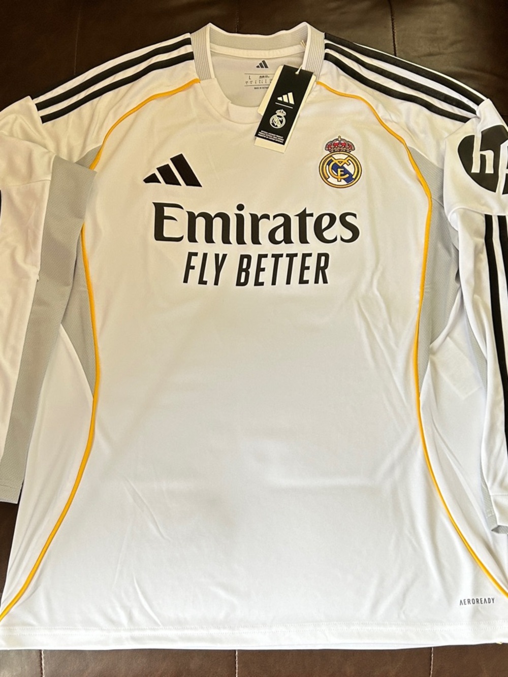 adidas White and Yellow Real Madrid Long Sleeve Jersey